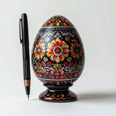 A testament to meticulous craftsmanship, this ornate, hand-painted egg showcases a vibrant floral pattern rooted in folk art tradition.の素材