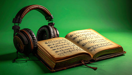 A pair of vintage headphones rests on an open book of handwritten sheet music, suggesting a moment of deep focus for a composer or musician.の素材