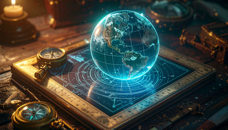 In a candlelit study filled with ancient artifacts and forgotten lore, a glowing holographic Earth emerges from a mystical tablet.の素材