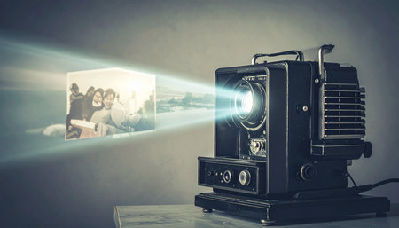 A classic film projector whirs to life in a darkened room, casting a bright beam of light that reveals a cherished memory on the wall.の素材