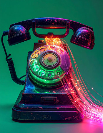 An antique rotary telephone is reimagined for the digital age, with streams of colorful fiber optic light pouring from its receiver.の素材