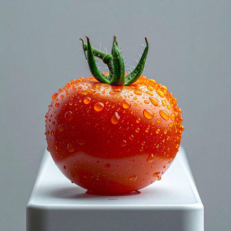 A single, perfect red tomato, glistening with fresh water droplets as if just picked from the vine.の素材