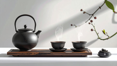 In a quiet, sunlit room, a traditional cast iron teapot sits ready. Steam gently rises from two small cups, inviting a moment of shared peace and mindfulness.の素材