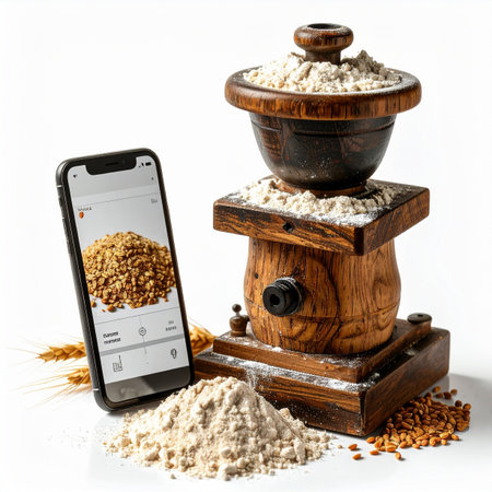 The fusion of tradition and technology is captured as an antique wooden grain mill operates alongside a modern smartphone.の素材
