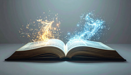 An ancient tome lies open, its pages releasing a torrent of opposing magical energies.の素材