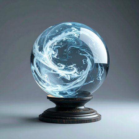 A crystal ball rests on a dark wooden stand, its glass depths churning with swirling mists of ethereal energy.の素材