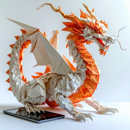 A masterpiece of paper engineering, this intricate orange and white origami dragon stands proudly.の素材