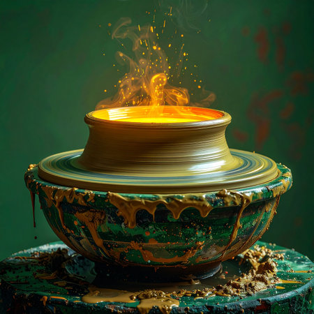 From a spinning wheel in a dimly lit workshop, a vessel is born not just from clay, but from pure magic.の素材