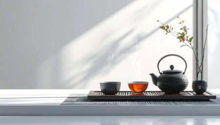 A quiet morning unfolds as soft sunlight streams through the window, illuminating a traditional Japanese tea set. The cast iron teapot waits patiently, ready to pour a warm, comforting brew.の素材