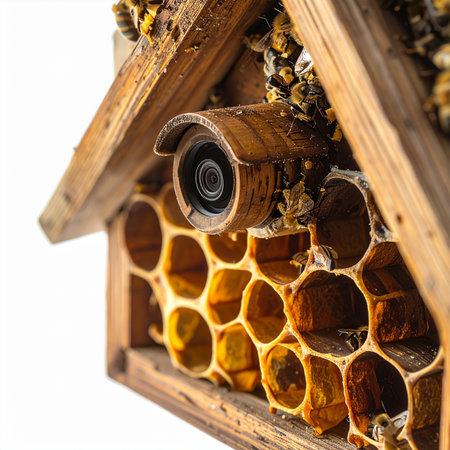 A hidden camera, camouflaged within a wooden beehive, offers a secret glimpse into the intricate world of a bee colony.の素材