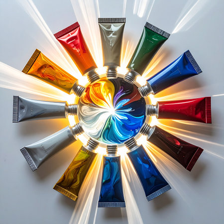 A radiant circle of paint tubes bursts with creative energy.の素材