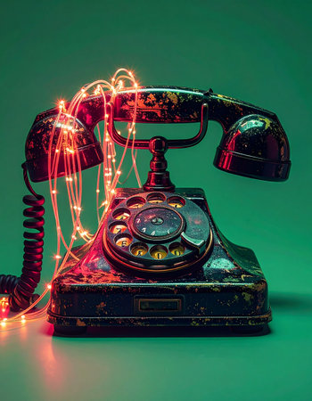 An antique rotary telephone, a relic of a bygone era, is brought back to life with a magical tangle of glowing fairy lights.の素材