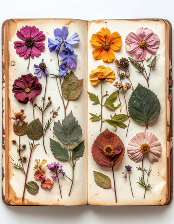 An old, well-loved journal lies open, its aged pages revealing a carefully preserved collection of pressed wildflowers.の素材
