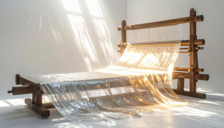 In a quiet, sun-drenched workshop, ethereal rays of light stream down, illuminating an ancient wooden loom.の素材