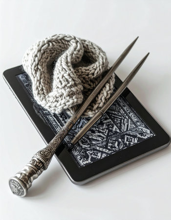 A pair of ornate, vintage knitting needles rests beside a cozy, hand-knit creation, both placed upon a modern digital tablet.の素材