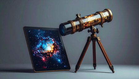 A classic brass telescope stands beside a modern tablet displaying a vibrant galaxy, symbolizing the evolution of astronomy.の素材