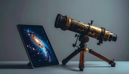 A classic brass telescope, a tool of past discoveries, stands beside a modern tablet displaying a vibrant galaxy.の素材