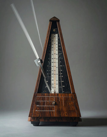 A classic wooden metronome ticks back and forth, its swinging arm a blur of motion against a neutral background.の素材