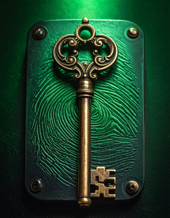 An antique brass key rests upon a modern biometric scanner, its intricate design contrasting with the unique whorls of a fingerprint.の素材