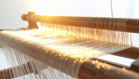 Golden sunlight streams across a traditional wooden loom, illuminating the delicate threads of the warp.の素材