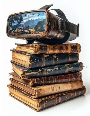 A modern virtual reality headset rests atop a weathered stack of antique books, creating a powerful visual metaphor.の素材