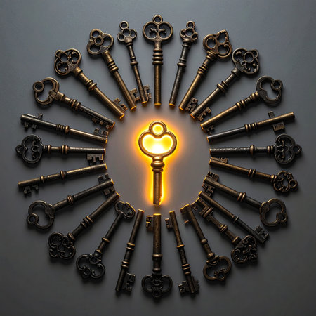 In a circle of many possibilities, one unique key glows with the promise of the right solution.の素材