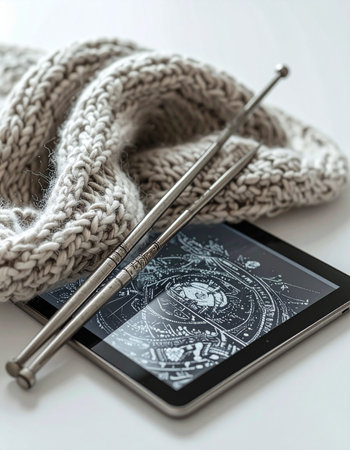 A cozy, hand-knitted project rests beside a digital tablet, showcasing how modern technology aids traditional crafts.の素材