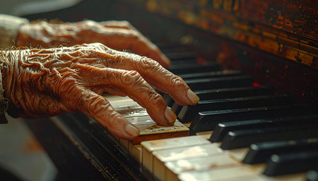 Weathered hands, etched with the lines of a long life, gently press the worn ivory keys of a vintage piano.の素材