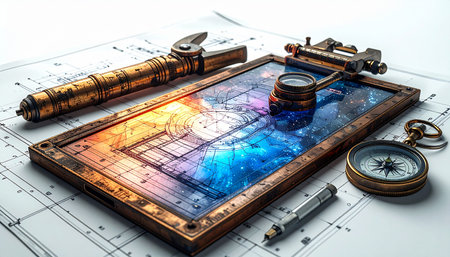 On a cluttered workbench, an inventor's dream takes shape. Antique brass tools and a trusty compass lay beside a futuristic tablet displaying a swirling galaxy.の素材