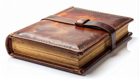 An old, leather-bound journal with a strap closure rests on a clean white background.の素材