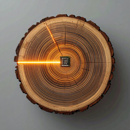 At the heart of an ancient tree, a powerful microchip awakens, sending streams of glowing data through the natural circuits of its growth rings.の素材