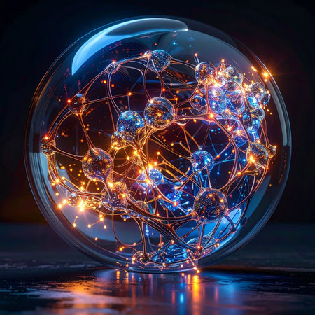 Within a crystal clear sphere, a complex neural network pulses with vibrant orange and blue light.の素材