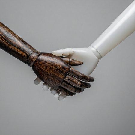 Two distinct mannequin hands, one of dark wood and the other pristine white, clasp together against a neutral gray background.の素材