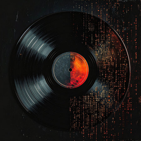 A classic black vinyl record undergoes a stunning transformation, with one half dissolving into a glowing grid of digital data.の素材