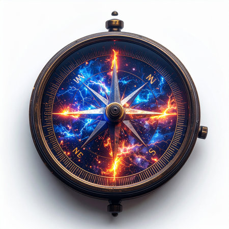An antique compass, isolated on a white background, reveals not the Earth's magnetic north, but a swirling cosmic nebula of vibrant blue and fiery orange.の素材
