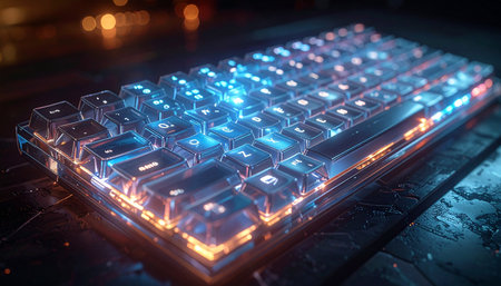 A marvel of modern design, this transparent mechanical keyboard illuminates a dark workspace with a stunning display of blue and orange RGB lighting.の素材