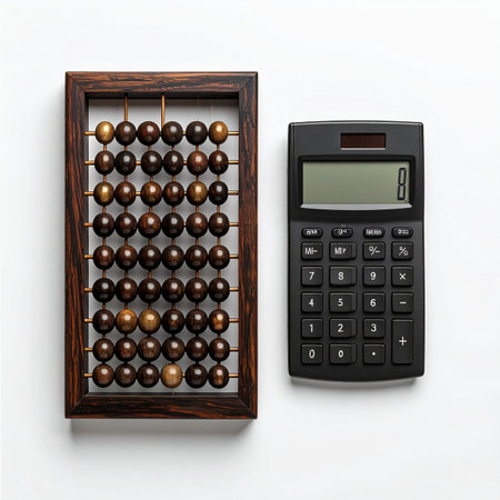A top-down view capturing the stark contrast between ancient and modern calculation methods.の素材