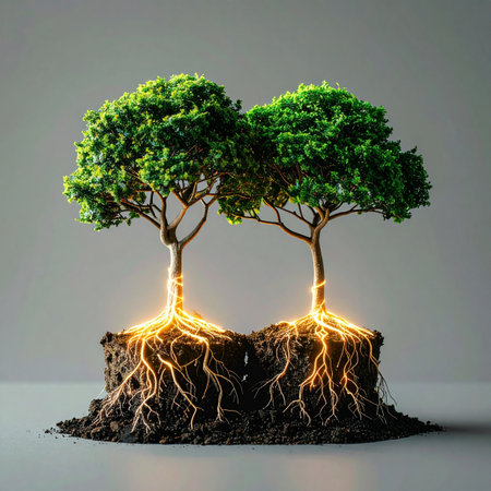 Two trees stand together, their branches reaching for the sky, but their true strength lies beneath the surface.の素材