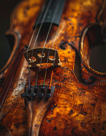 The warm light catches the intricate, textured grain of an antique violin, revealing the soul and history within its wood.の素材