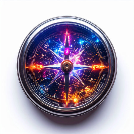 An isolated compass with a celestial galaxy face, symbolizing the journey of navigating one's destiny.の素材
