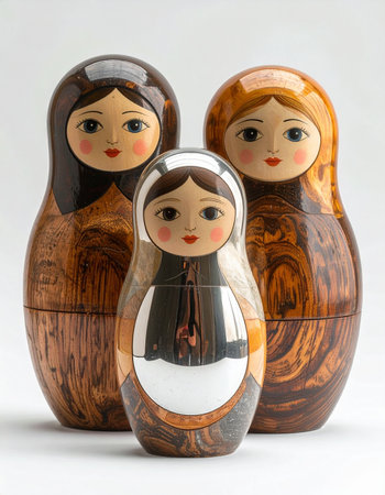 A family of three traditional Russian Matryoshka dolls stands together, their polished wooden surfaces reflecting the light.の素材