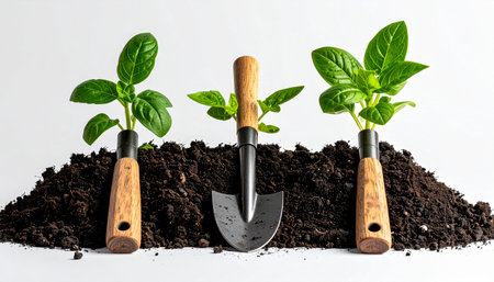 A conceptual image where the tools of cultivation become the source of new life.の素材