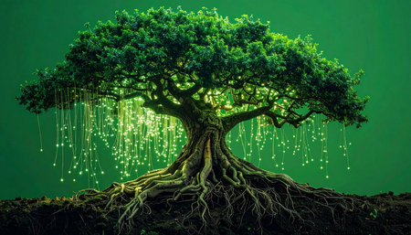 A magnificent tree of life stands against a vibrant green backdrop, its vast canopy and intricate root system symbolizing the connection between all things.の素材