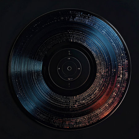 A classic black vinyl record rests in darkness, its grooves catching ethereal blue and orange light.の素材