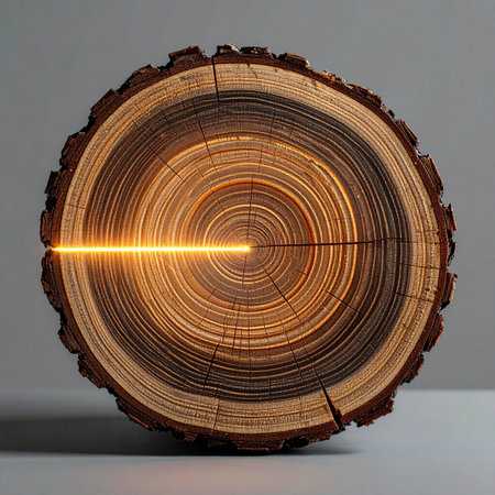 A brilliant beam of light slices through the cross-section of an ancient tree, illuminating its rings.の素材