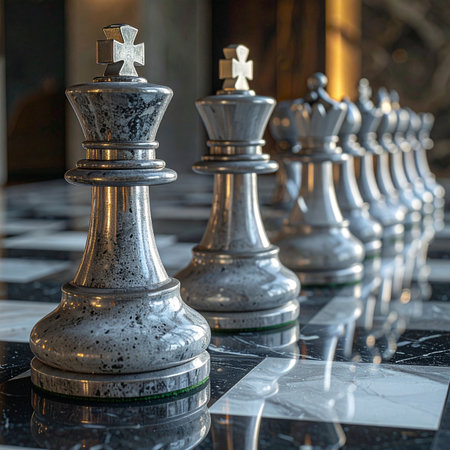 A formidable line of polished marble chess kings stands at attention, reflecting the light on a luxurious board.の素材