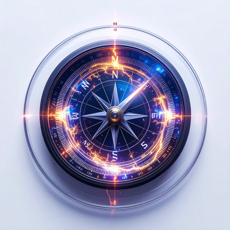 A futuristic compass glows with vibrant blue and orange energy, symbolizing modern navigation through technology, business, and innovation.の素材