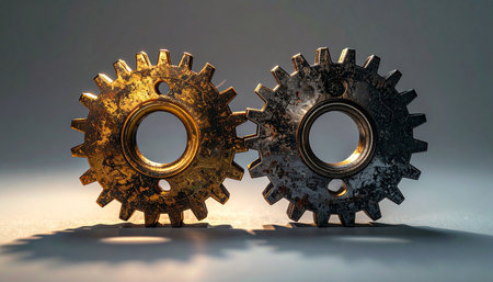 Two contrasting gears, one gold and one silver, mesh together perfectly, symbolizing partnership, collaboration, and the intricate mechanics of teamwork.の素材