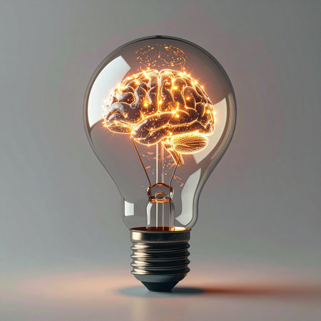 A powerful visual metaphor where a glowing human brain replaces the filament in a classic lightbulb.の素材