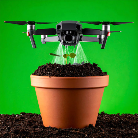 A high-tech drone performs a delicate task, precisely watering a tiny new sprout in a pot.の素材